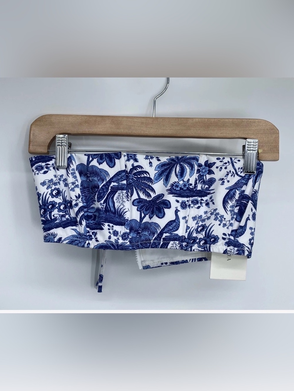STAUD Blue and White Tropical Print Bandeau Bikini Top